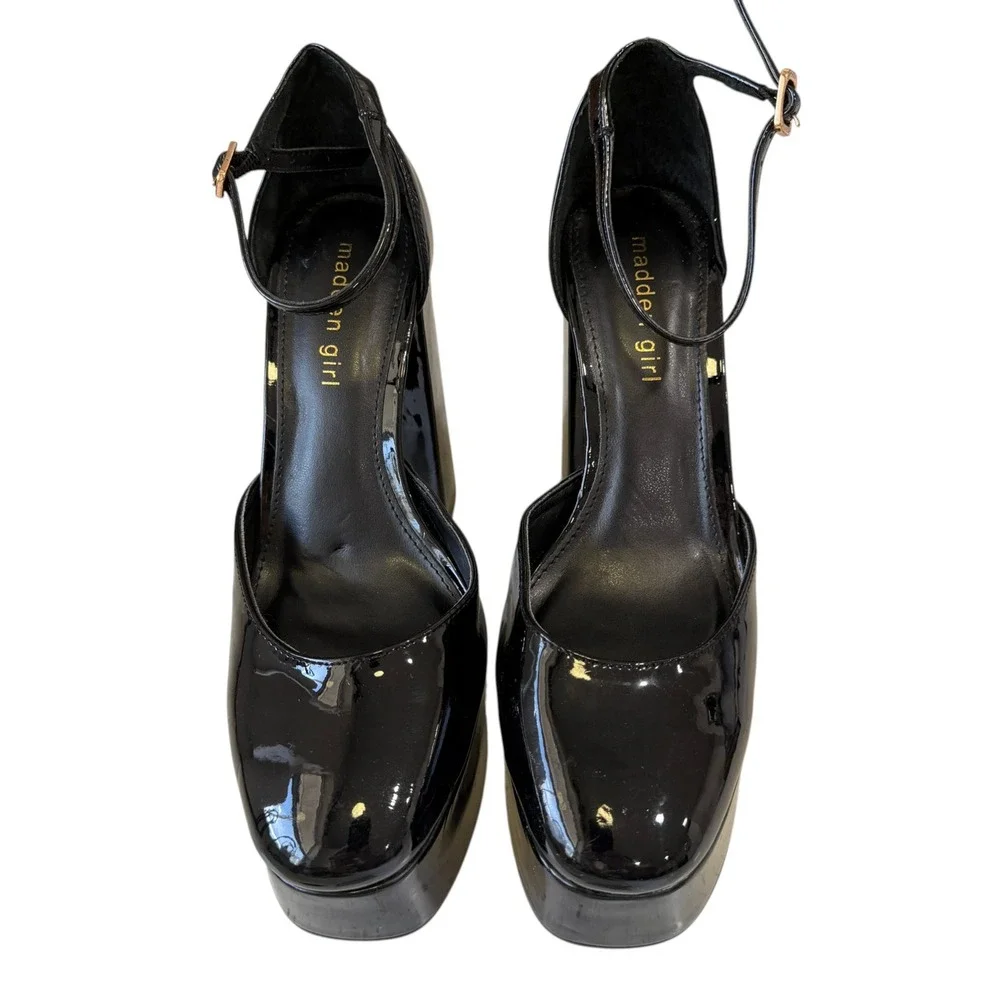 Madden Girl Black Patent Platform Heels‎ Ankle Strap Five Inch Baddie Y2K Grunge